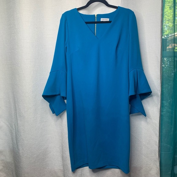 Calvin Klein blue shift Dress Bell Sleeve V-Neck Career Cocktail Party size 12 - Picture 2 of 6